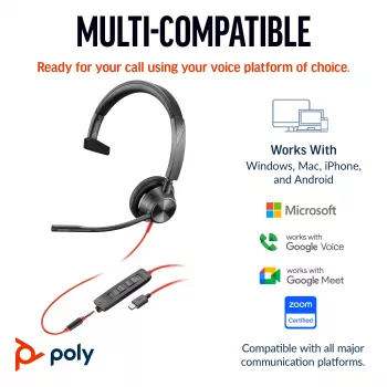 HP Poly Melnswire 3315 Monaural Microsoft Teams Certified USB-C austiņas +3,5 mm spraudnis +USB-C/A adapteris
