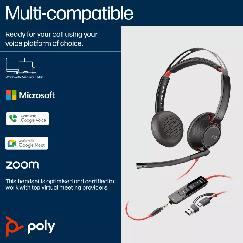 HP Poly Blackwire 5220 Stereo USB-C austiņas + 3,5 mm spraudnis + USB-C/A adapteris (beziepakojuma)