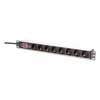 DIGITUS PDU - 1U alumīnija statņa barošanas sadalītājs 7x drošības + 1x kontaktligzda 16A 4000W 250VAC 50/60Hz pārslodzes aizsardzība
