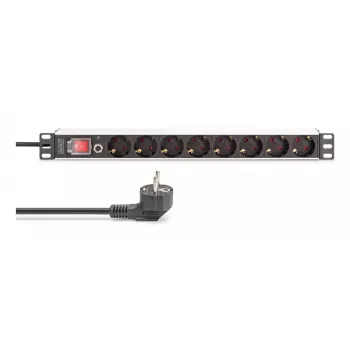 DIGITUS PDU - 1U alumīnija statņa barošanas sadalītājs 7x drošības + 1x kontaktligzda 16A 4000W 250VAC 50/60Hz pārslodzes aizsardzība