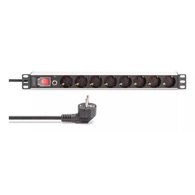 DIGITUS PDU - 1U alumīnija statņa barošanas sadalītājs 7x drošības + 1x kontaktligzda 16A 4000W 250VAC 50/60Hz pārslodzes aizsardzība