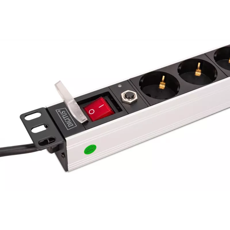 DIGITUS PDU - 1U alumīnija statņa barošanas sadalītājs 7x drošības + 1x kontaktligzda 16A 4000W 250VAC 50/60Hz pārslodzes aizsardzība
