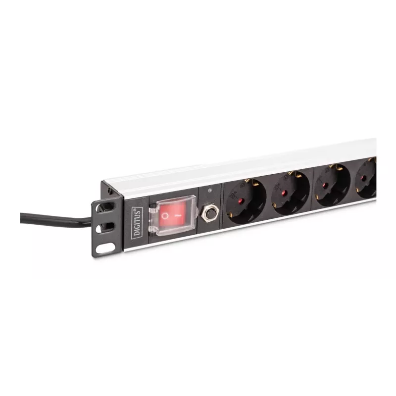 DIGITUS PDU - 1U alumīnija statņa barošanas sadalītājs 7x drošības + 1x kontaktligzda 16A 4000W 250VAC 50/60Hz pārslodzes aizsardzība