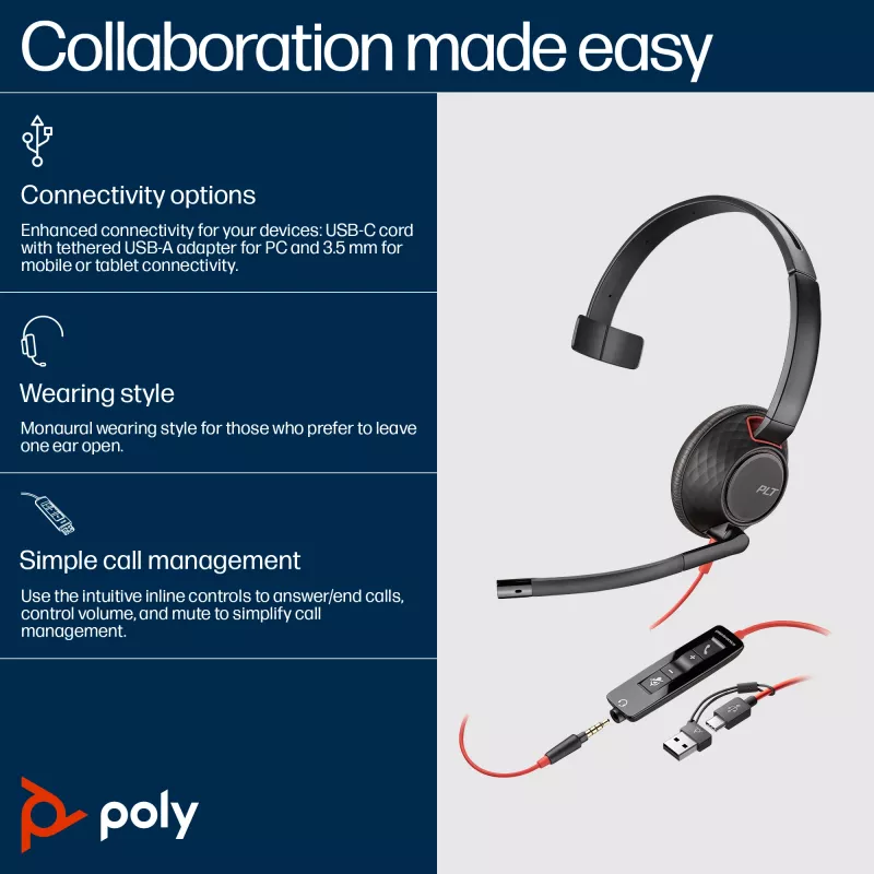 HP Poly Blackwire 5210 Monaural USB-C austiņas + 3,5 mm spraudnis + USB-C/A adapteris (beziepakojuma)