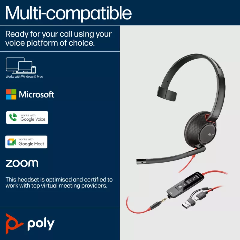 HP Poly Blackwire 5210 Monaural USB-C austiņas + 3,5 mm spraudnis + USB-C/A adapteris (beziepakojuma)