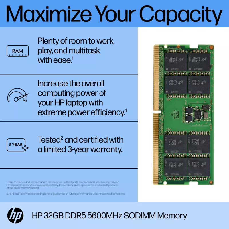 HP 32GB DDR5 5600 SODIMM atmiņa, 32 GB, DDR5, 5600 MHz, 262 kontaktu SO-DIMM
