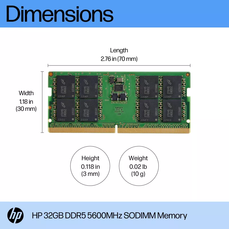 HP 32GB DDR5 5600 SODIMM atmiņa, 32 GB, DDR5, 5600 MHz, 262 kontaktu SO-DIMM