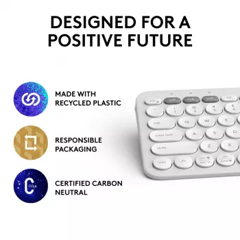 Kompakta mini tastatūra Logitech Pebble Keys 2 K380s — RF bezvadu + Bluetooth, QWERTY US International, balta