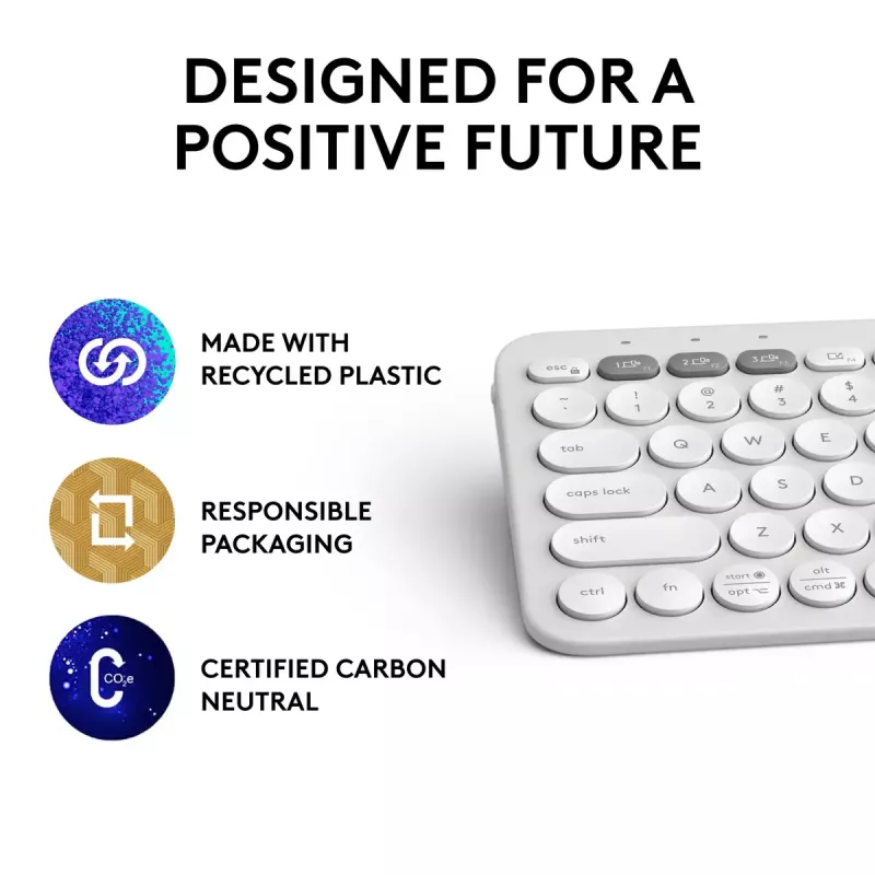 Kompakta mini tastatūra Logitech Pebble Keys 2 K380s — RF bezvadu + Bluetooth, QWERTY US International, balta