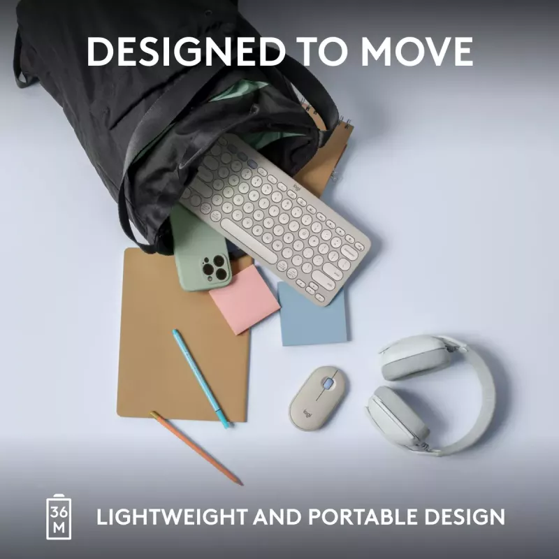 Kompakta mini tastatūra Logitech Pebble Keys 2 K380s — RF bezvadu + Bluetooth, QWERTY US International, balta