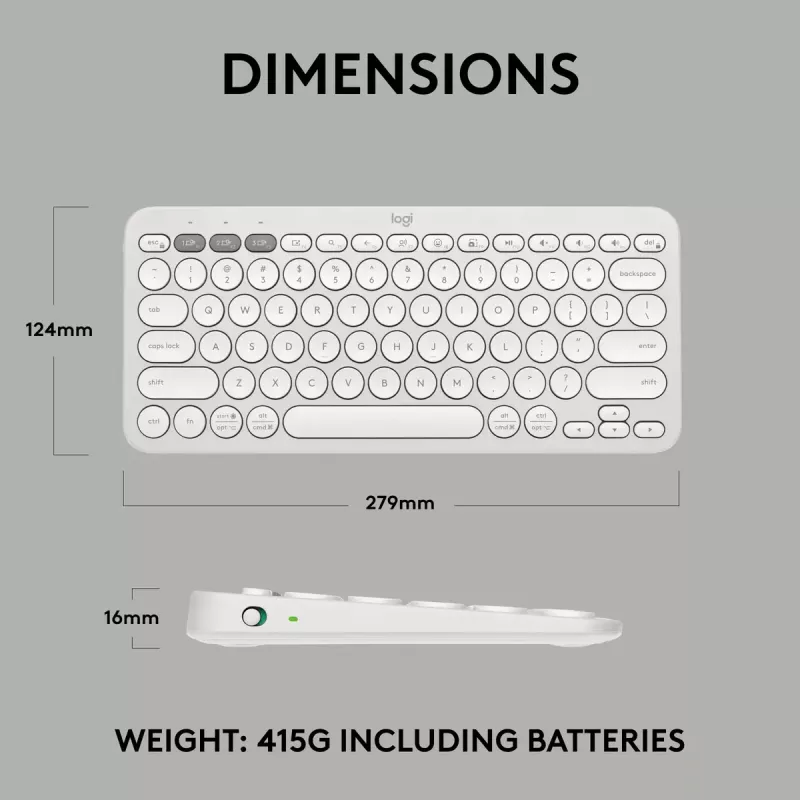 Kompakta mini tastatūra Logitech Pebble Keys 2 K380s — RF bezvadu + Bluetooth, QWERTY US International, balta