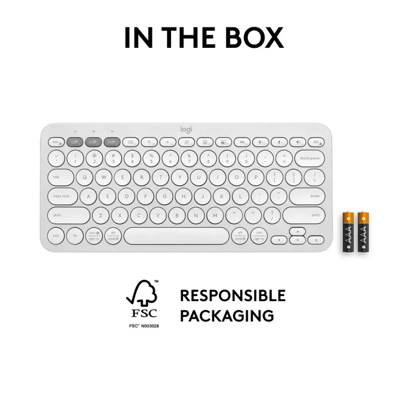 Kompakta mini tastatūra Logitech Pebble Keys 2 K380s — RF bezvadu + Bluetooth, QWERTY US International, balta