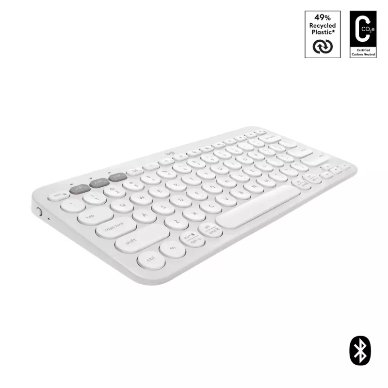 Kompakta mini tastatūra Logitech Pebble Keys 2 K380s — RF bezvadu + Bluetooth, QWERTY US International, balta