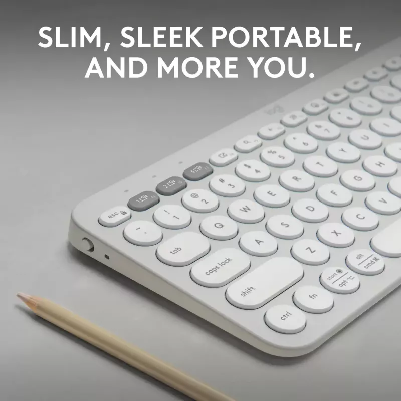 Kompakta mini tastatūra Logitech Pebble Keys 2 K380s — RF bezvadu + Bluetooth, QWERTY US International, balta