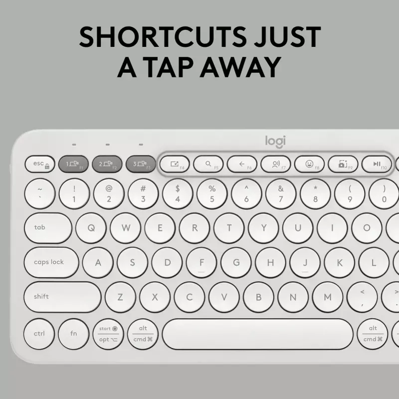 Kompakta mini tastatūra Logitech Pebble Keys 2 K380s — RF bezvadu + Bluetooth, QWERTY US International, balta