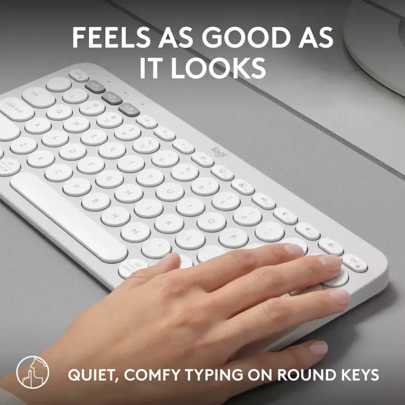 Kompakta mini tastatūra Logitech Pebble Keys 2 K380s — RF bezvadu + Bluetooth, QWERTY US International, balta