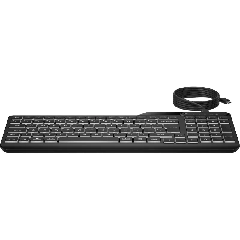 HP 405 daudzaparatūras fona apgaismojuma vadu tastatūra, pilna izmēra (100%), vadu, USB, membrānas, QWERTY, melna