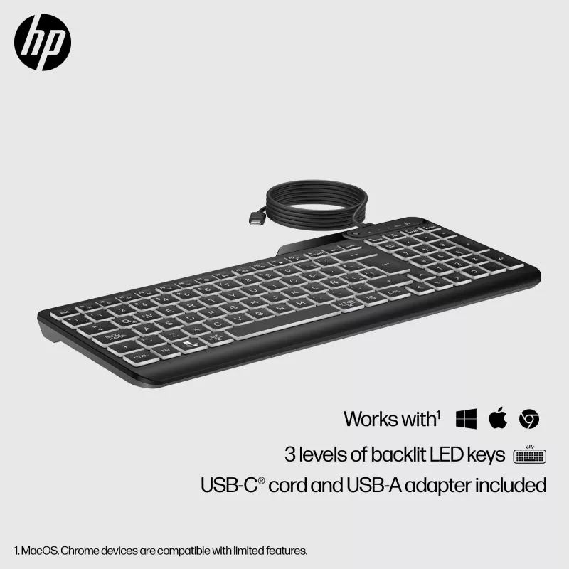 HP 405 daudzaparatūras fona apgaismojuma vadu tastatūra, pilna izmēra (100%), vadu, USB, membrānas, QWERTY, melna