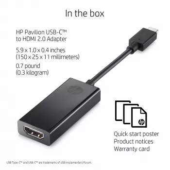 HP USB-C uz HDMI 2.0, melns, platums 111,2 mm, dziļums 44,2 mm, augstums 17,1 mm