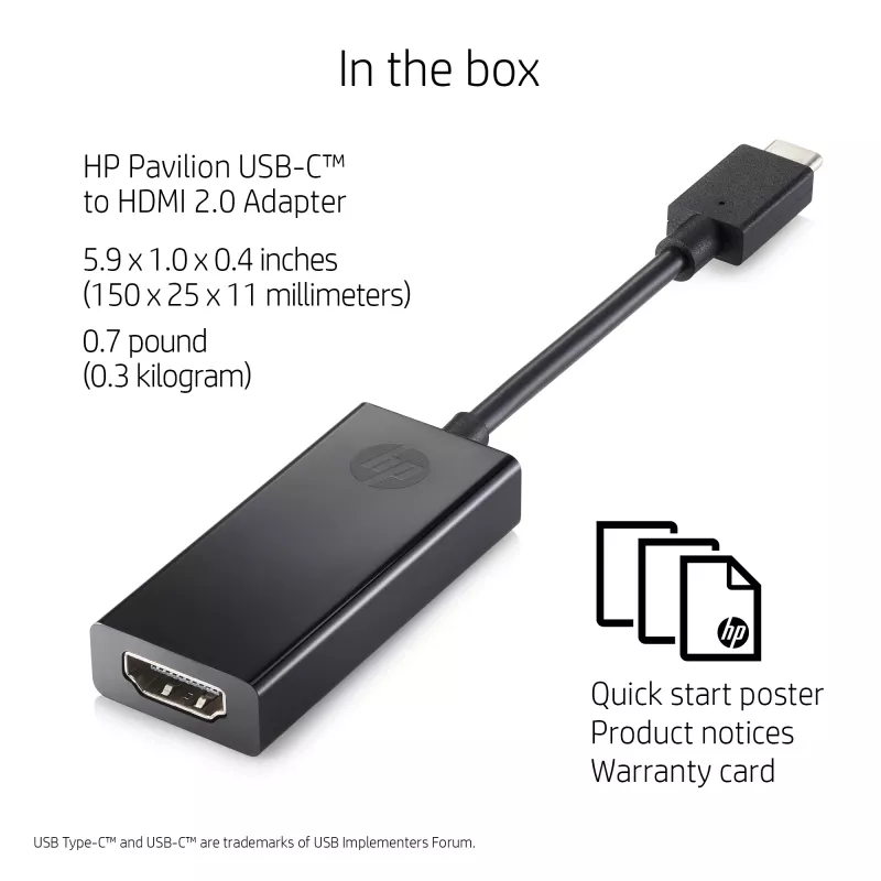 HP USB-C uz HDMI 2.0, melns, platums 111,2 mm, dziļums 44,2 mm, augstums 17,1 mm