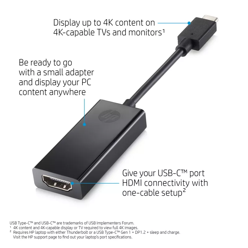 HP USB-C uz HDMI 2.0, melns, platums 111,2 mm, dziļums 44,2 mm, augstums 17,1 mm