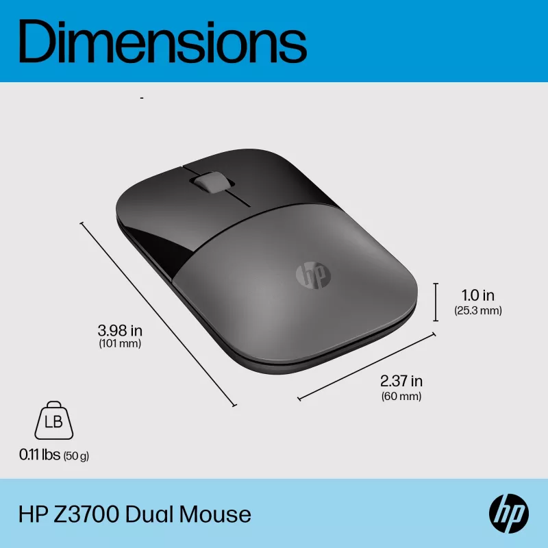 HP Z3700 Dual Silver Mouse, ambidextrisks, RF bezvadu + Bluetooth, sudraba