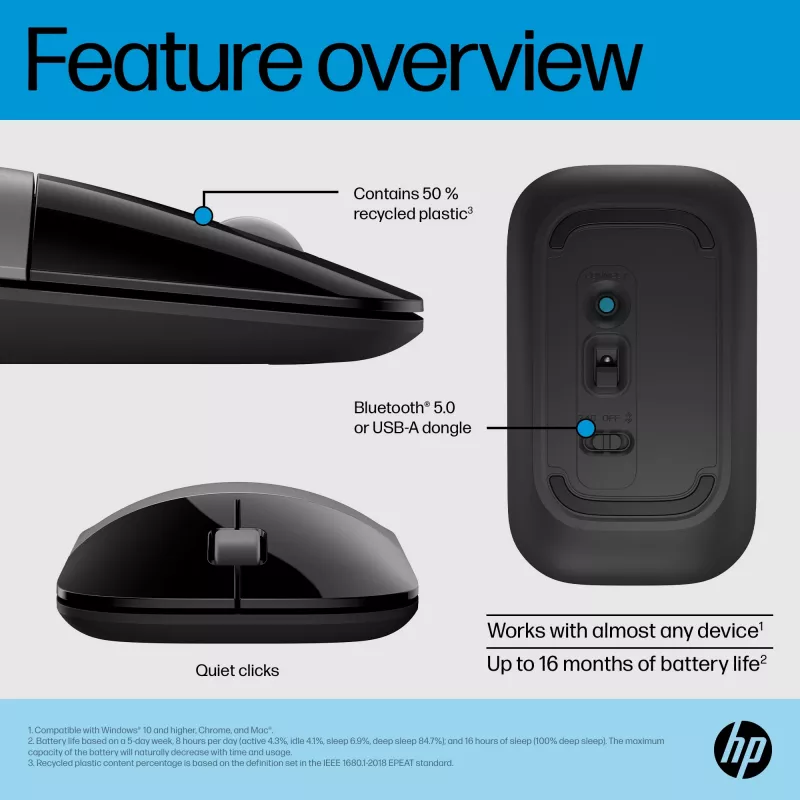 HP Z3700 Dual Silver Mouse, ambidextrisks, RF bezvadu + Bluetooth, sudraba