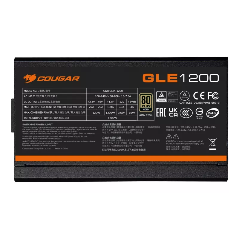 COUGAR Barošanas bloks GLE 1200W ATX3.1 / 80 Plus Gold, 1200 W, 100 - 240 V, 50/60 Hz, 15-7.5 A, 120 W, 1200 W