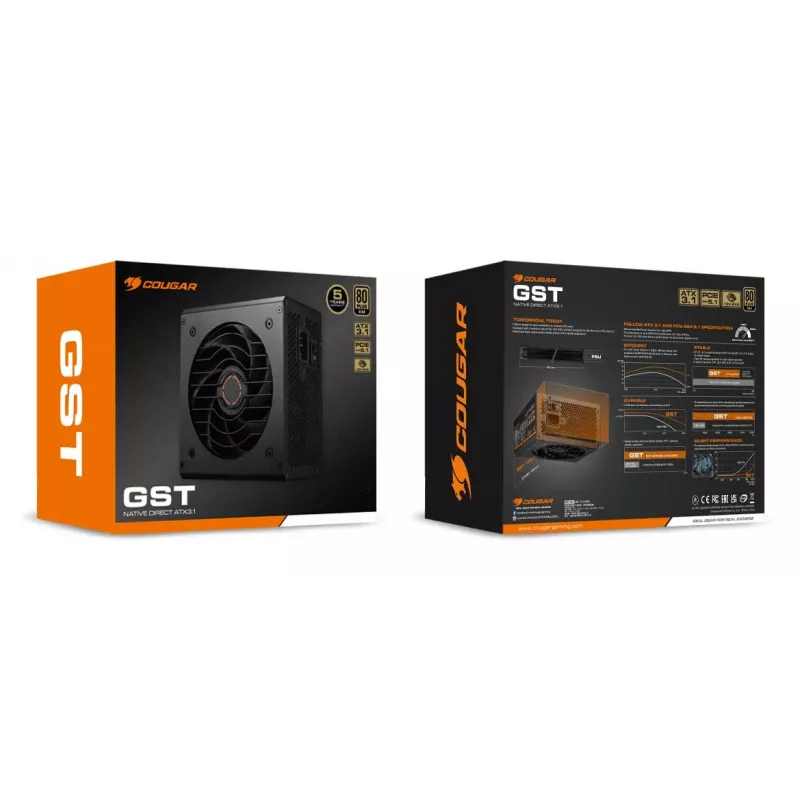 COUGAR Barošanas bloks GST 850W ATX3.1 / 80 Plus Gold, 850 W, 100 - 240 V, 50/60 Hz, 12 - 6 A, 120 W, 850 W