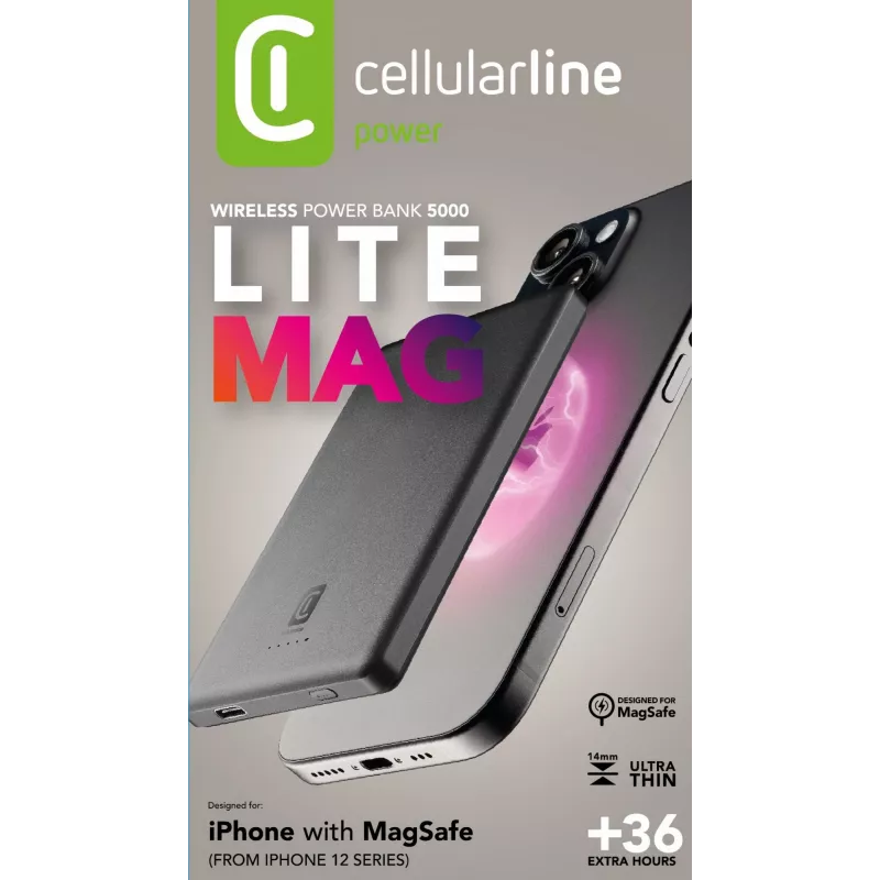 Cellularline Mag Lite 5000 5000mAh bezvadu ārējais akumulators saderīgs ar Mag Safe tehnoloģiju