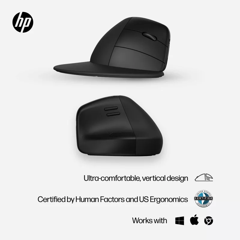 HP 920 ergonomiska bezvadu pele, labā roka, vertikāls dizains, Bluetooth + USB Type-A, 4000 DPI, melna