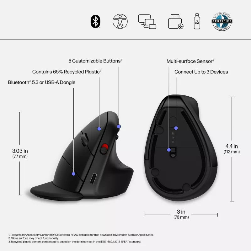 HP 920 ergonomiska bezvadu pele, labā roka, vertikāls dizains, Bluetooth + USB Type-A, 4000 DPI, melna
