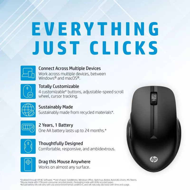 HP 430 daudzaparatūras bezvadu pele, abpusēja, optiskā, RF bezvadu + Bluetooth, 1200 DPI, melna