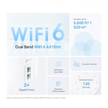 TP-Link AX1500 Whole Home Mesh Wi-Fi 6 sistēma, 3 komplekts, balts, iekšējais, tīkla sistēma, barošana, divjoslu (2,4 GHz / 5 GHz), Wi-Fi 6 (802.11ax)