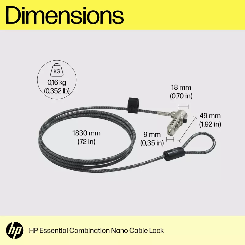 HP Essential Nano kombinētā kabeļa slēdzene, 1,83 m, Kombinētā slēdzene, Nerūsējošais tērauds