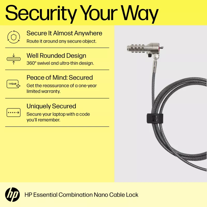 HP Essential Nano kombinētā kabeļa slēdzene, 1,83 m, Kombinētā slēdzene, Nerūsējošais tērauds