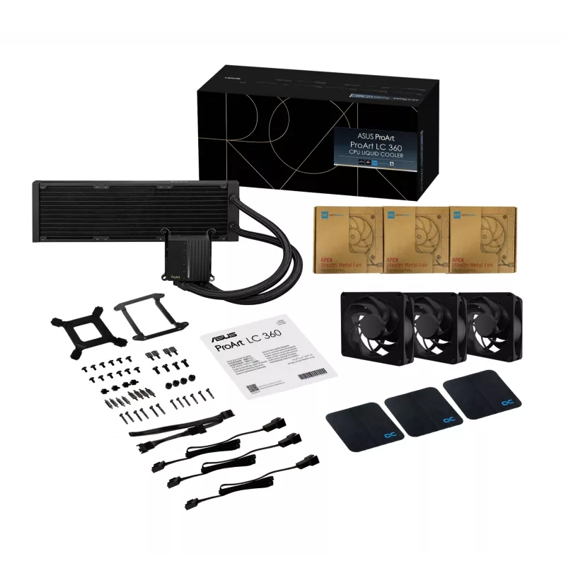 Šķidruma dzesēšanas komplekts ASUS ProArt LC 360 Melns — 3x120 mm ventilatori 800–2200 RPM, radiators 360 mm, vara pamatne, 40 cm caurules