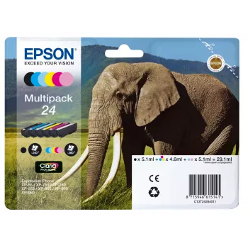 Epson Elephant Multipack 6-krāsu 24 Claria Photo HD tintes, standarta ietilpība, melna, ciāna, gaiši ciāna, fuksīna, gaiši fuksīna, dzeltena, 5,1 ml, 4,6 ml, 6 gab., daudzpaka