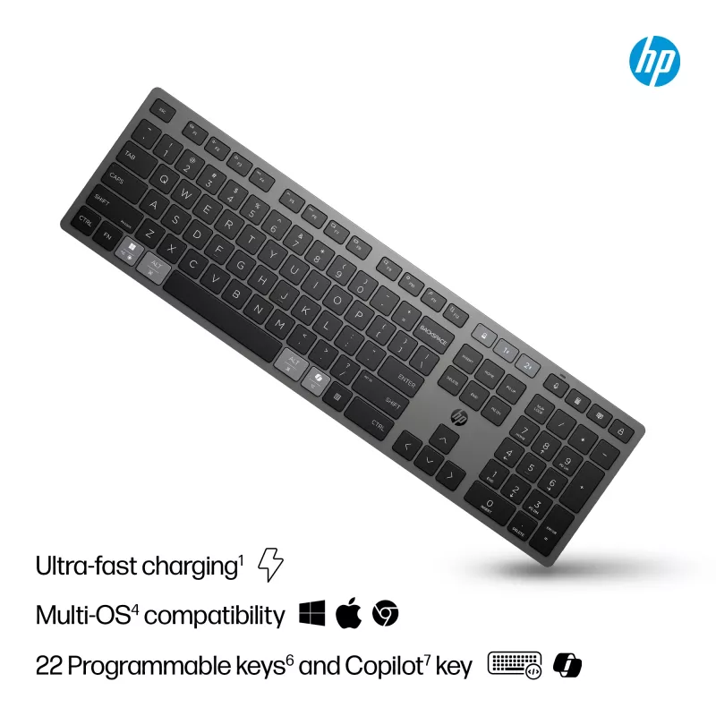 HP 725 bezvadu uzlādējama vairāku ierīču tastatūra, pilna izmēra (100%), bezvadu, RF bezvadu + Bluetooth, melna