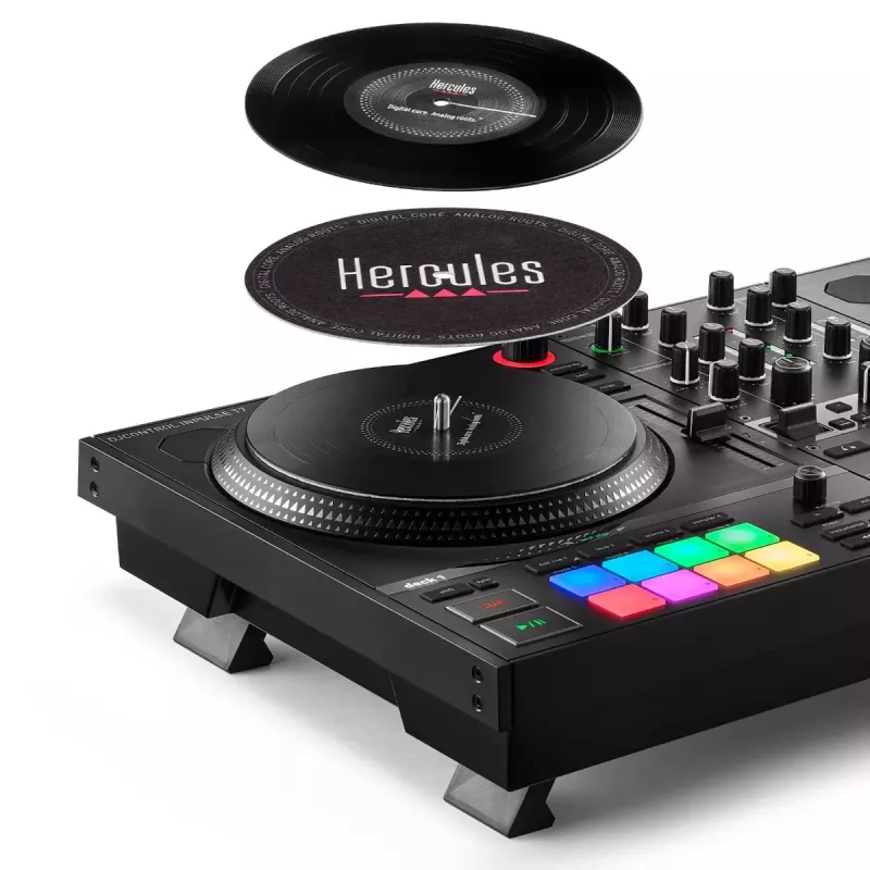 Hercules INPULSE T7 Melns DJ kontrolieris — 3.5 mm/6.35 mm austiņas, USB kabelis, 652×350×90 mm