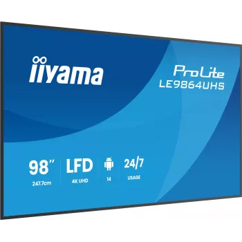 iiyama LE9864UHS-B1AG Signage Display Digital signage flat panel 2.49 m (98 collas) Wi-Fi 500 cd/m² 4K Ultra HD Melns Iebūvēts procesors Android 24/7