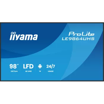 iiyama LE9864UHS-B1AG Signage Display Digital signage flat panel 2.49 m (98 collas) Wi-Fi 500 cd/m² 4K Ultra HD Melns Iebūvēts procesors Android 24/7