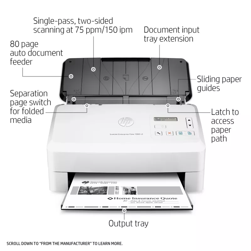 HP Scanjet Enterprise Flow 7000 s3 lokšņu padeves skeneris 600 x 600 DPI A4 balts