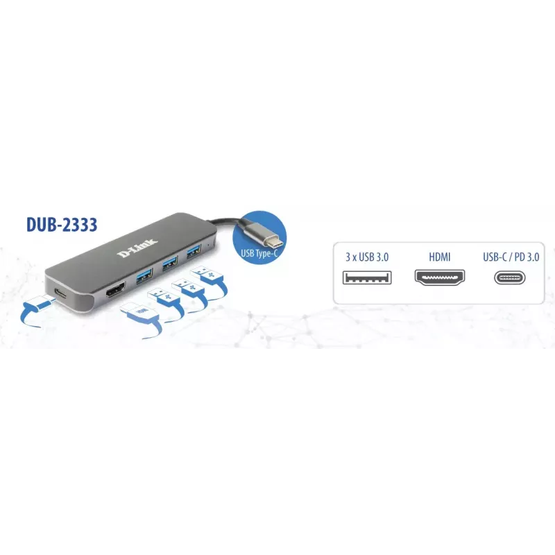 D-Link 5-in-1 USB-C centrmezgls ar HDMI/jaudas piegādi