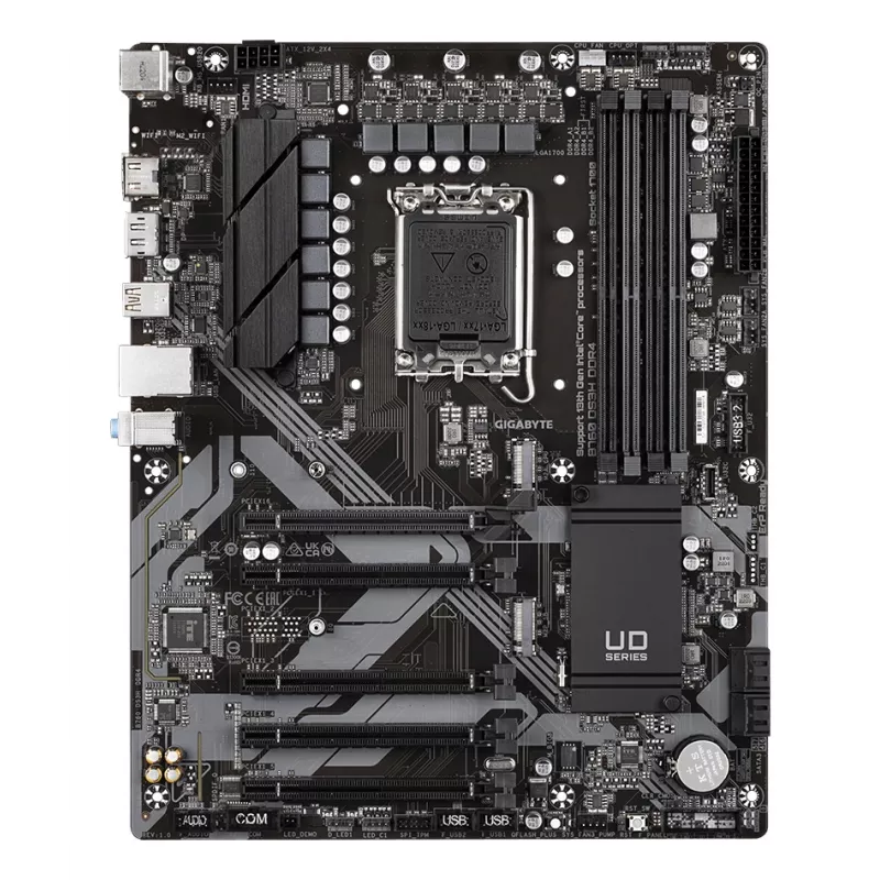 GIGABYTE B760 DS3H DDR4 mātesplate — atbalsta Intel Core 14. paaudzes CPU, 18+2+1 fāžu digitālais VRM, līdz 5333MHz DDR4 (OC), 2xPCIe 4.0 M.2, GbE LAN, USB 3.2 Gen 2