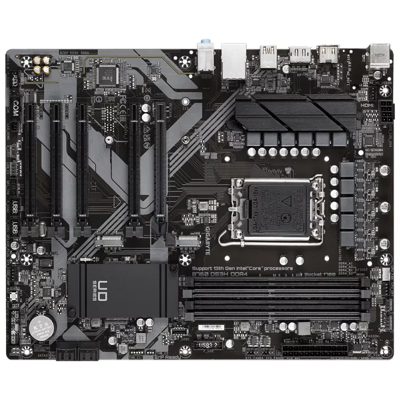 GIGABYTE B760 DS3H DDR4 mātesplate — atbalsta Intel Core 14. paaudzes CPU, 18+2+1 fāžu digitālais VRM, līdz 5333MHz DDR4 (OC), 2xPCIe 4.0 M.2, GbE LAN, USB 3.2 Gen 2