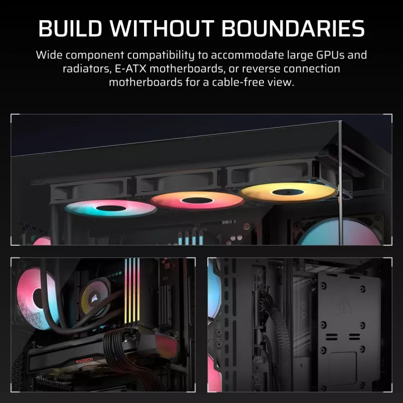 PC Midi Tower korpuss CORSAIR 3500X RS-R ARGB — Melns, rūdīts stikls, atbalsta ATX/EATX/Micro-ITX, 3x120 mm priekšējie ventilatori