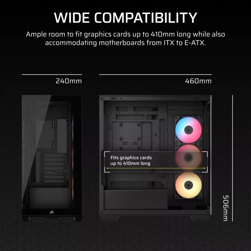 PC Midi Tower korpuss CORSAIR 3500X RS-R ARGB — Melns, rūdīts stikls, atbalsta ATX/EATX/Micro-ITX, 3x120 mm priekšējie ventilatori