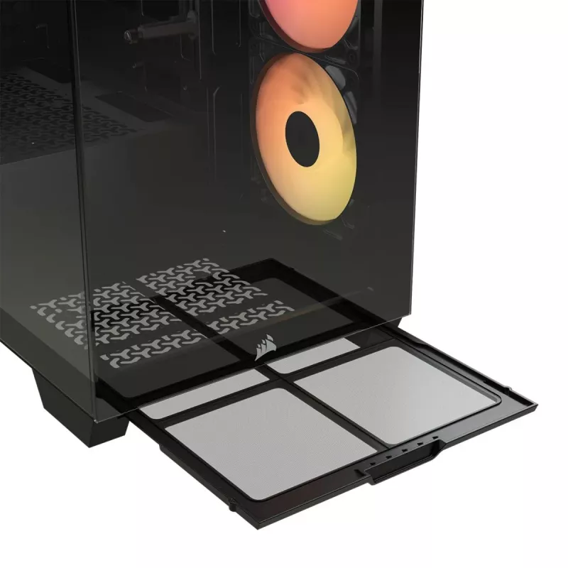 PC Midi Tower korpuss CORSAIR 3500X RS-R ARGB — Melns, rūdīts stikls, atbalsta ATX/EATX/Micro-ITX, 3x120 mm priekšējie ventilatori