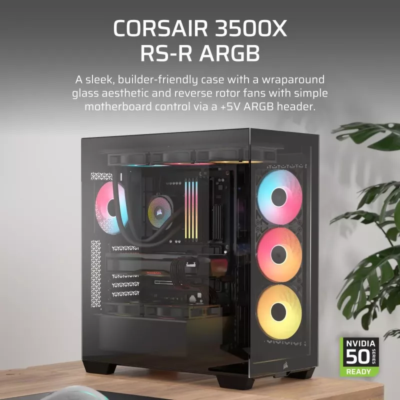 PC Midi Tower korpuss CORSAIR 3500X RS-R ARGB — Melns, rūdīts stikls, atbalsta ATX/EATX/Micro-ITX, 3x120 mm priekšējie ventilatori